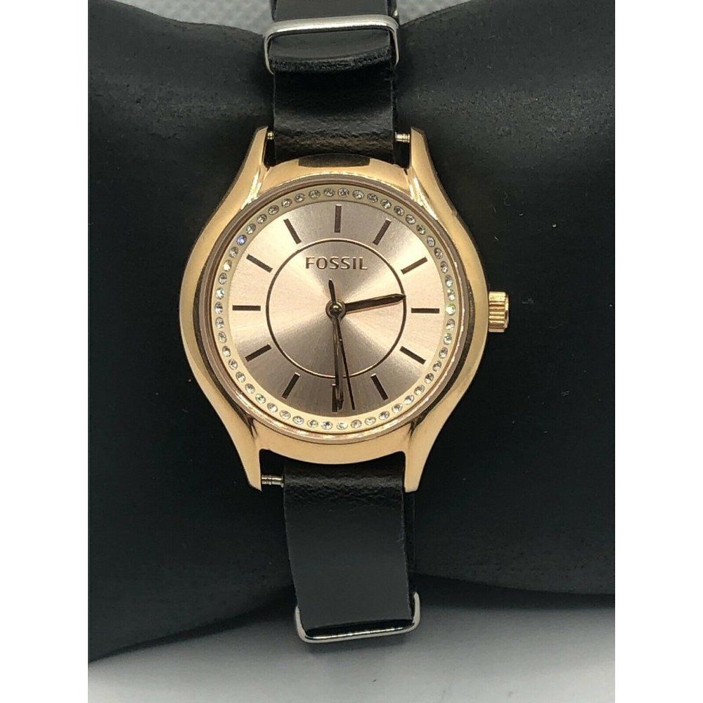 Fossil BQ1591 Womens Black Leather Analog Rose Gol